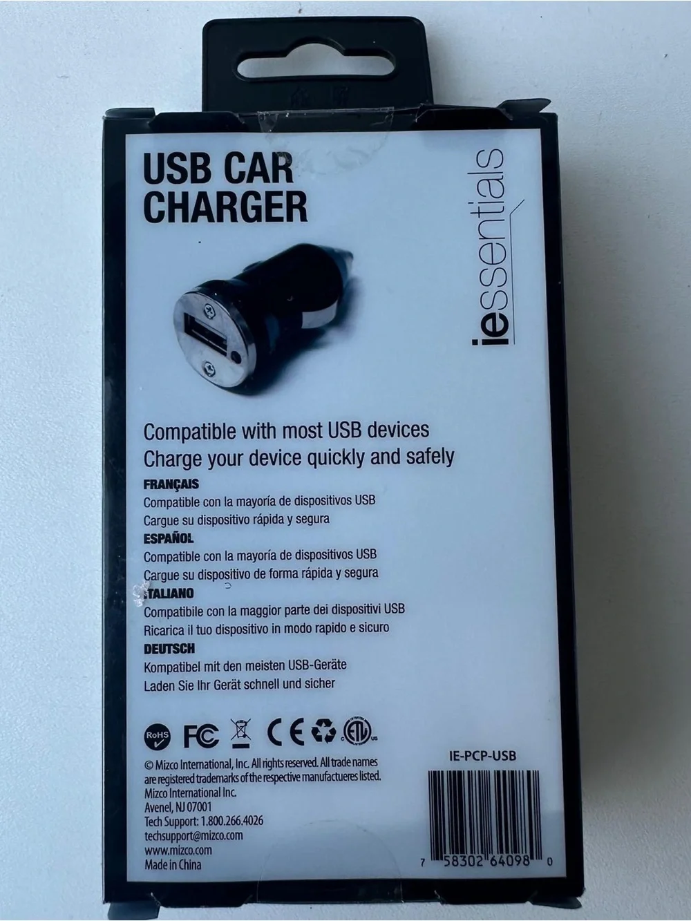 iEssentials 1 Amp USB Car Charger Single Port Black New Sealed IE-PCP-USB